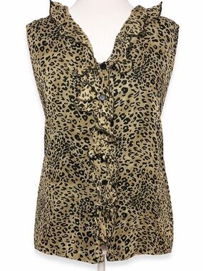 100% Silk Leopard Print Ruffle Blouse 2X Chic Y2K Career Top